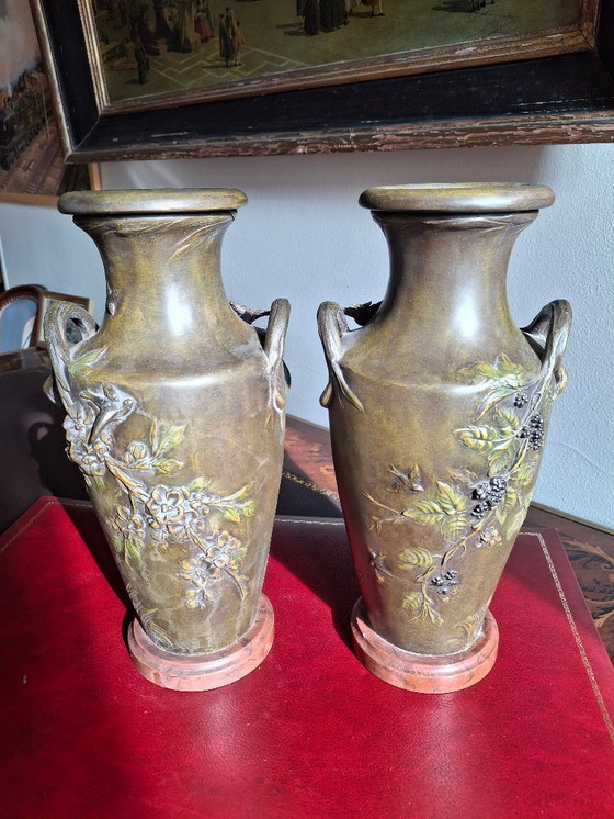 Image 1 of Pair of Art Nouveau spelter vases with triple patina, signed Louis and François Moreau