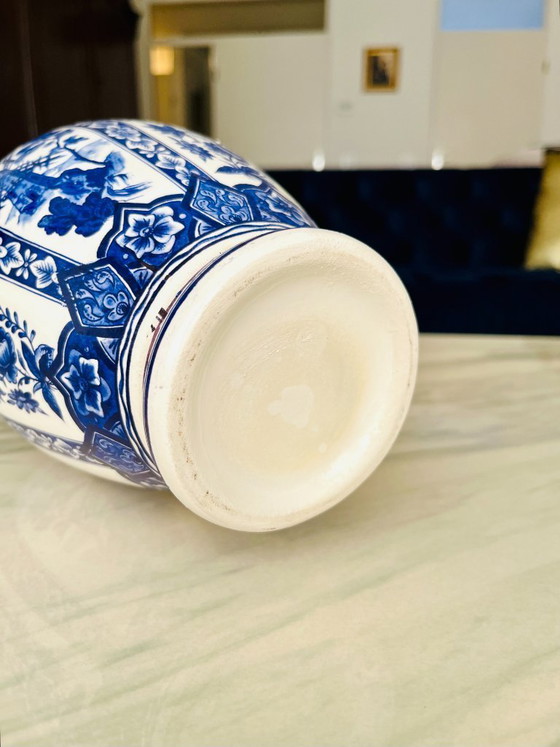 Image 1 of rare handmade Vintage Delft Blue VASE Hand Painted Holland Windmill Jeblo 1890–1930.