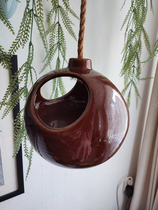 Vintage Plant Pendant Pottery Brown Globe Space Age