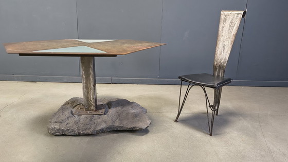Image 1 of Handgemaakte eethoek van staal en steen, jaren 70 - vintage eethoek - handgemaakte eethoek - postmoderne eettafel en stoelen