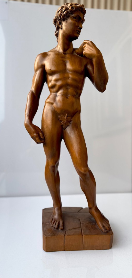 Michelangelo David Hand Carved Wood Sculpture 65 cm Vintage Statue Fig Leaf