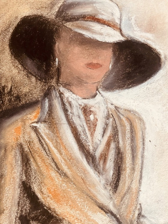 Image 1 of Gesigneerd pastel schilderij, vrouwenportret "elegantie"