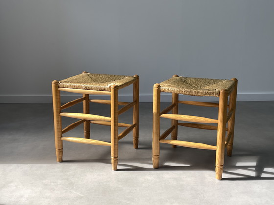 Image 1 of Ensemble de 2 tabourets en osier vintage des années 1960