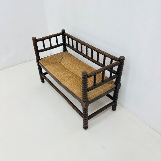 Wooden bench with bobbin legs and rush seat, Benches, Other, Brown, Vintage (photo 6 of 13)