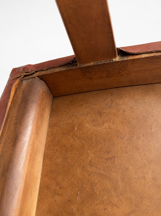Image 1 of 1960s Mid-Century Brutalist Cognac Leather Saddle Ottoman Tapered Wood Stool