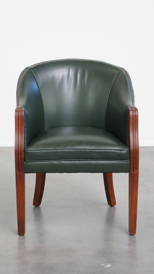 Beistell-/Ess-/Bürostuhl aus grünem Rindsleder und Holz im englischen Stil