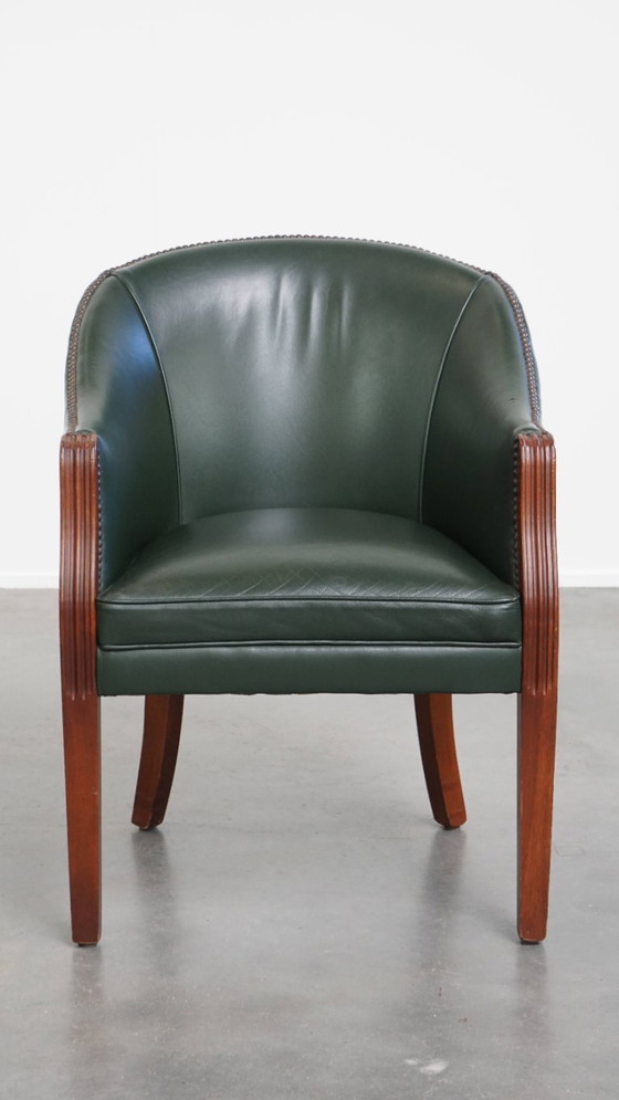 Image 1 of Beistell-/Ess-/Bürostuhl aus grünem Rindsleder und Holz im englischen Stil