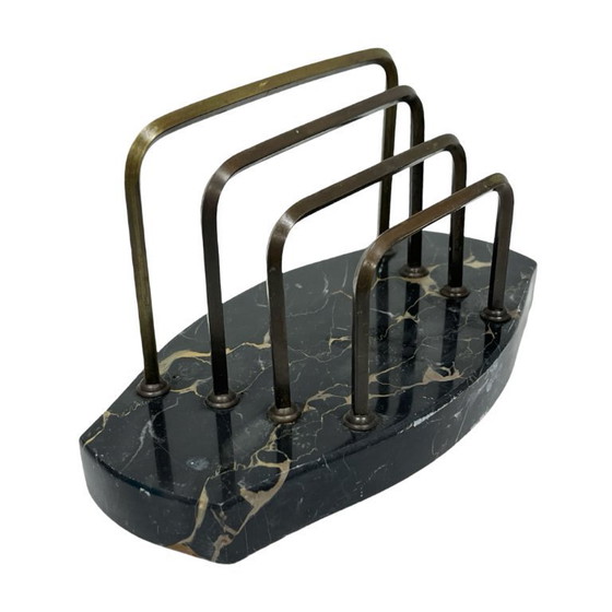 Image 1 of Art Deco Executive Desk Set: Letter Holder and Blotter – Portoro Marble and Brass – 1930s
