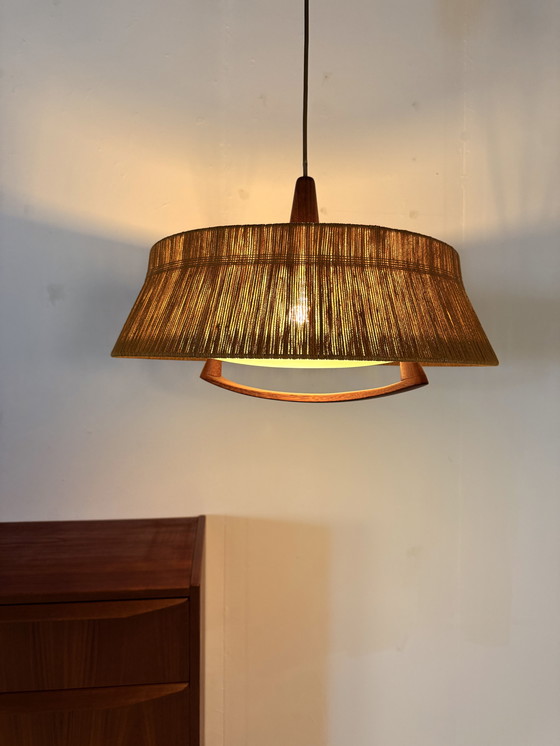 Image 1 of Lampada a sospensione vintage in teak e sisal, Temde Leuchten '60