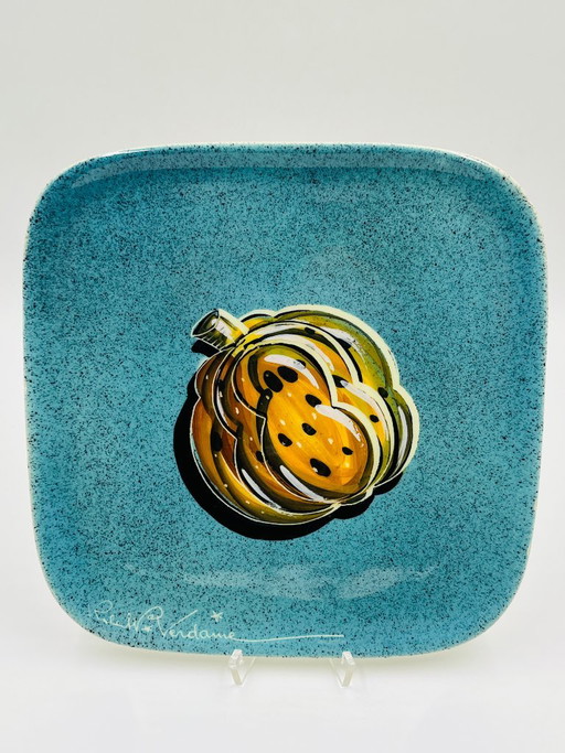 Assiette décorative R.W. Verdaame, céramique turquoise et jaune