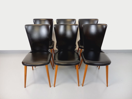 Suite of 6 Baumann Essor Vintage Beech and Skai Chairs from the 60s