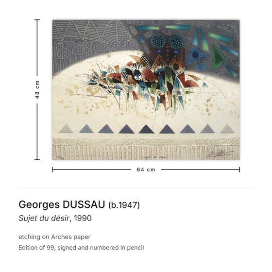 Image 1 of Georges Dussau, Soggetto del desiderio, acquaforte firmata, 1990