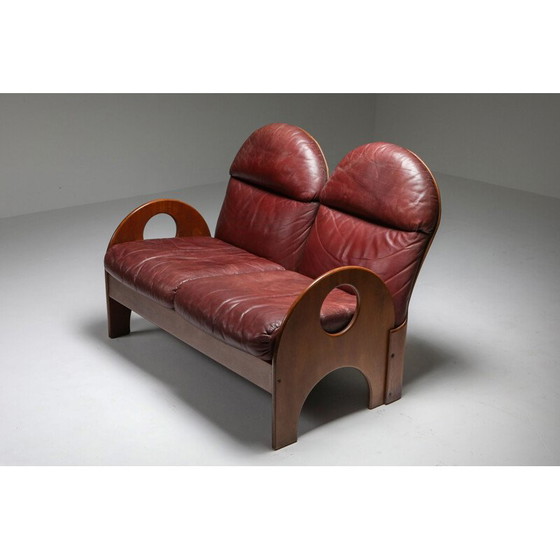 Image 1 of Vintage Gae Aulenti 'Arcata' Love Seat in Walnut and Burgundy Leather 1968