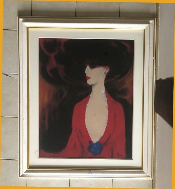 Image 1 of Art Déco Grand Tableau Portrait Femme Gouache Signée C Janse 68x52 cm
