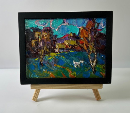 Original Oil Painting Summer Houses Landscape Day Outside The Village – schilderijen tekeningen, Canvas