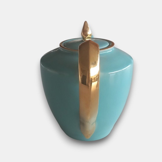 Image 1 of Vintage (1960-1970) handmade design tea set in turquoise glaze with gold accents – teapot and sugar bowl with lid