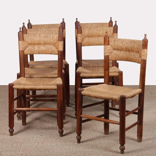 Conjunto de 6 sillas con asiento de paja, obra francesa, 1940
