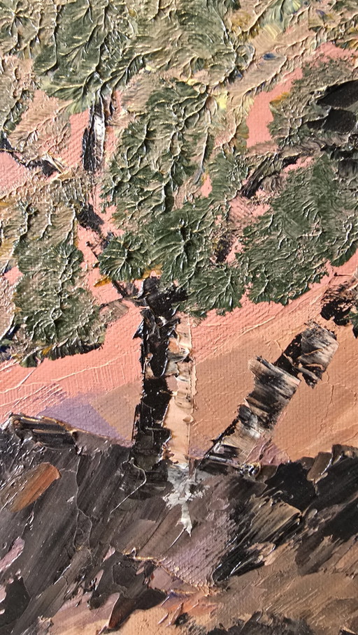 Original Impressionist Impasto Oil Painting - Solitary Tree Landscape (55x65 cm) – schilderijen tekeningen, Canvas
