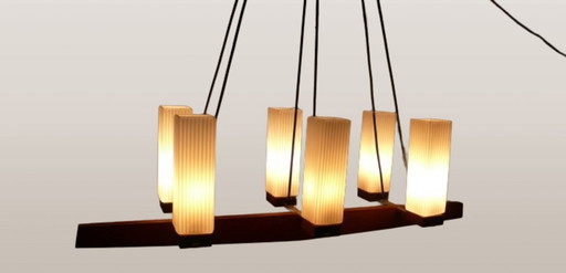 Mid Century Teak Lustre à 6 flammes, tubes de verre blancs angulaires années 60