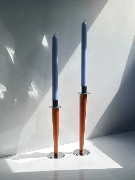 Image 1 of 2 Vintage Candlesticks Metal Wood Mid - Century 70s 1970 Skandi Japandi Boho Candlestick Set