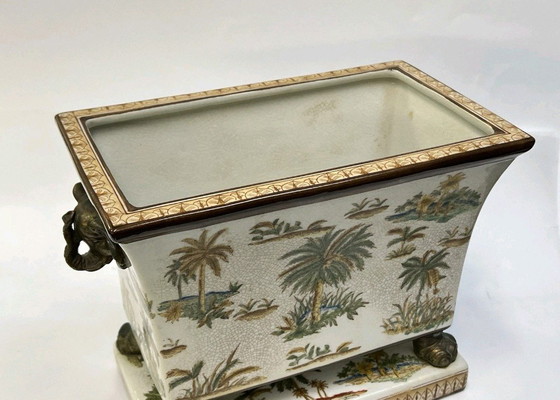 Image 1 of Vaso da fiori in ceramica vintage, dipinto con una testa di elefante in bronzo, H: 21 cm