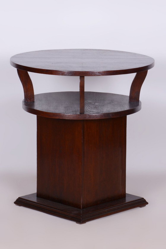 Restored Art Deco Round Small Table, Oak, Veneer, Czech, 1920s – Side tables, Wood (photo 7 of 8)