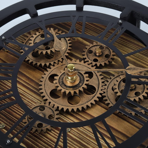 Image 1 of Lafocuse 10 Inch Real Moving Gears Wall Clock with a Detachable Base, 2 in 1 Black Chimney Clocks Wooden Vintage, Farmhouse