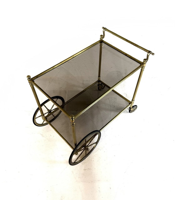 Image 1 of Vintage brass & smoked glass trolley '80s