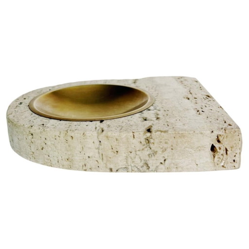 Round Italian Travertine Ashtray with Removable Metal Dish 1970