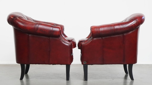 2 x Fauteuil club chesterfield en cuir de vachette anglais de couleur rouge