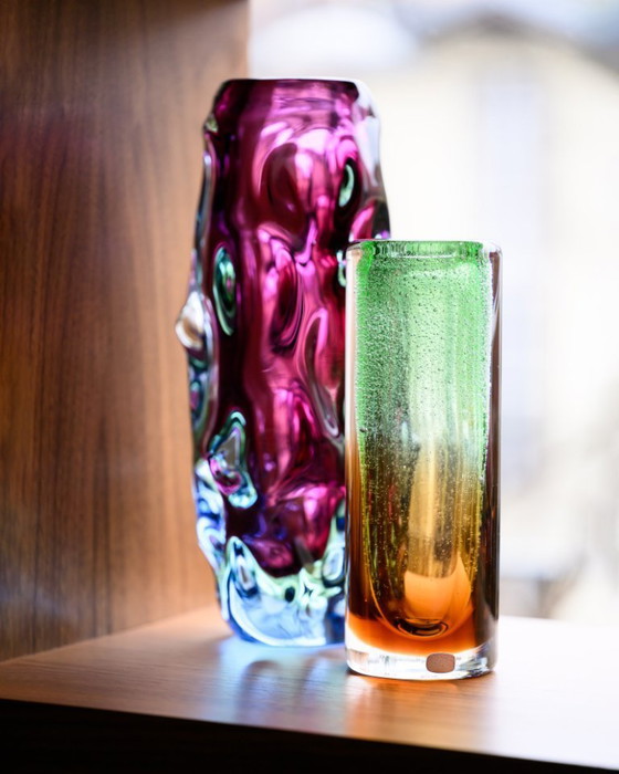 Image 1 of Jan Beranek rode kernvaas 1959 & Vizner-stijl Tsjechisch glazen duo vintage sculptuur