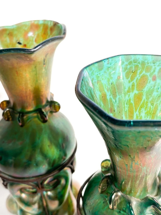 Pair of 1920s Loetz Glass and Wrought Iron Vases – Art Nouveau (photo 3 of 21)