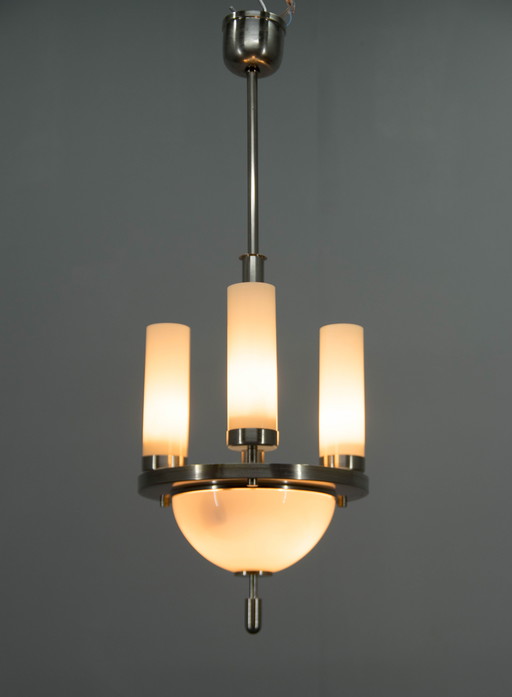 Art Deco Tubular Nickel Plated Chandelier, 1920S, Restored