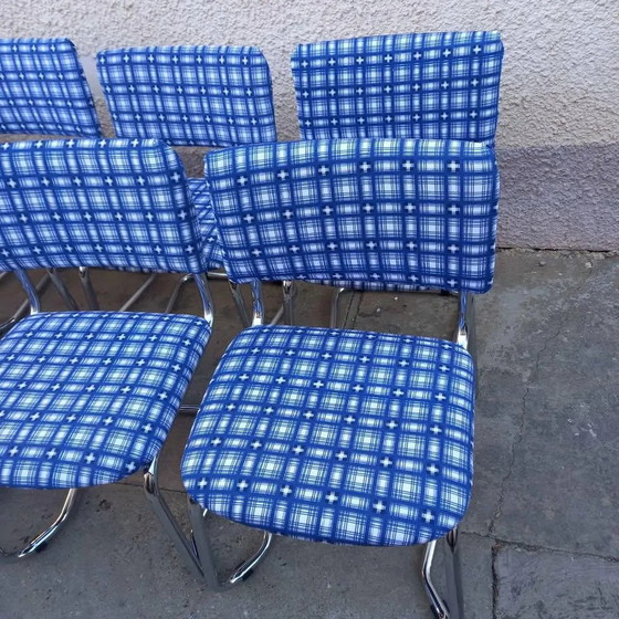 1 of 10 Stackable Vintage Chrome Cantilever Chairs with Blue Checkered Upholstery, 1970s (photo 3 of 4)