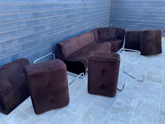 Image 1 of Divano da salotto modulare poltrona poggiapiedi stile Bauhaus in velluto a coste marrone e cromo vintage 1970