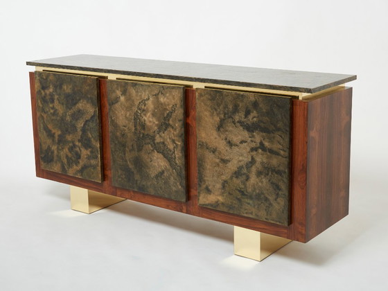 Image 1 of Belgian brutalist rosewood resin and brass sideboard 1970