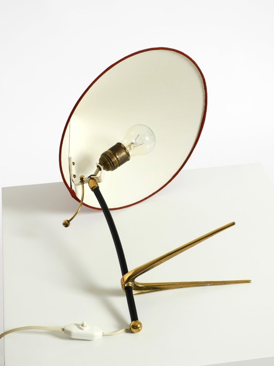 Image 1 of Beautiful, large, original Kalmar Mid-Century Modern tripod brass table lamp with a new fabric shade