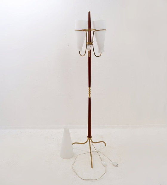 Image 1 of Three-arm tripod floor lamp with opaline glass, attributed to Stilnovo - 1950s
