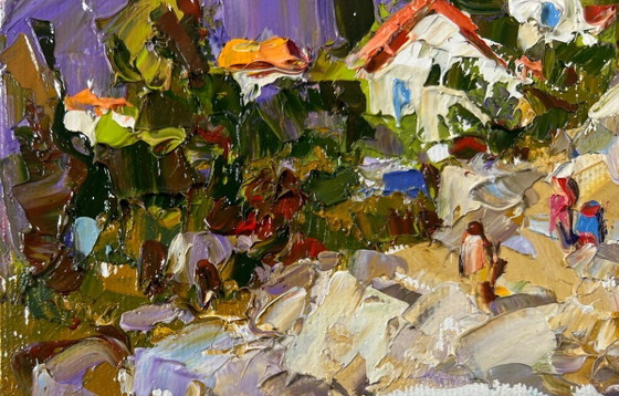 Image 1 of Original Oil Painting Summer Nature Landscape Village among the mountains