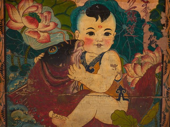 Baule cinese antico dipinto in legno di pino con bambino e carpa – Cina, circa 1920 – Armadi contenitori (photo 31 of 40)