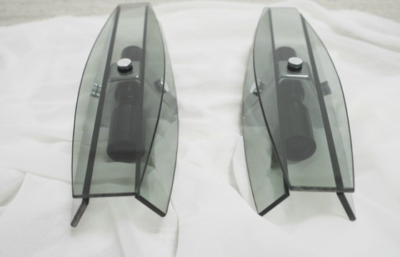 Image 1 of Veca Grey Smoked Glass Vintage Italian Wall Sconces Set of 2 Fontana Arte Mid Century Modern Faceted Glass Pair of Lamps