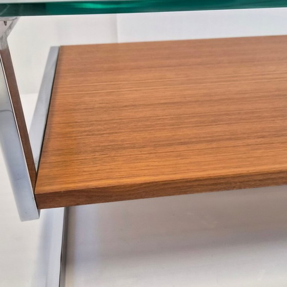 Image 1 of Vintage salontafel uit de jaren 60 van verchroomd staal met teakfineer en glazen blad. DLG Belgo Chrome