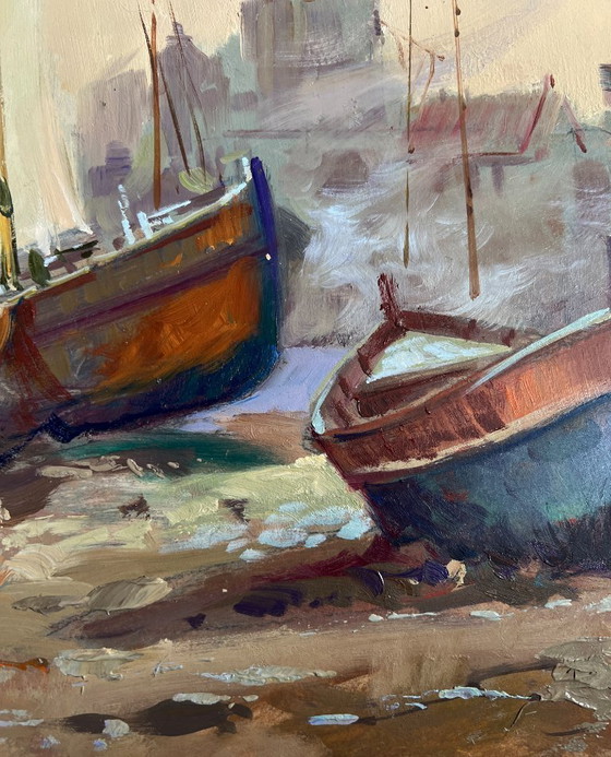Image 1 of Pintura al óleo original Paisaje urbano al atardecer Atardecer en el muelle