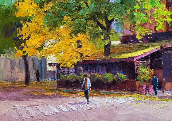 Image 1 of Original Oil Painting City Urban Life Cafe Wine and Friend