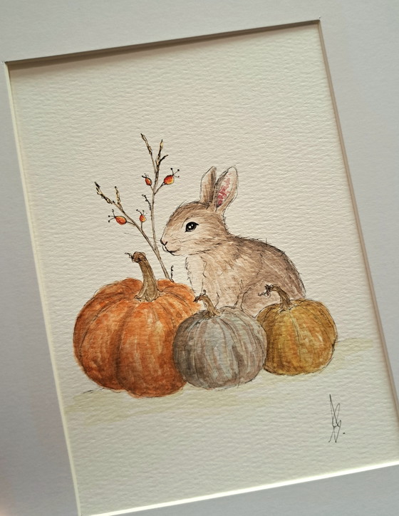 Watercolor Painting Rabbit Autumn Pumpkins | Including Frame – Paintings & Drawings, Paper (photo 2 of 5)
