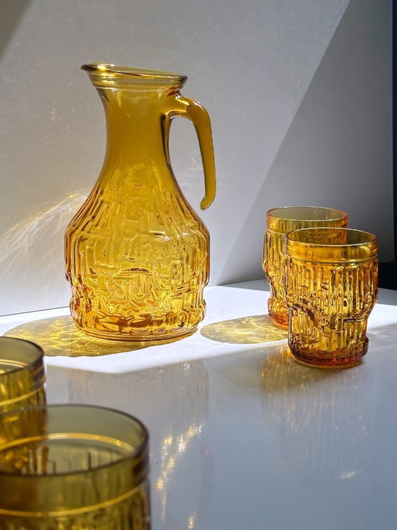 Image 1 of Set di caraffe in vetro italiane, bicchieri da bere gialli, anni '70, caraffa per succo, caraffa per acqua, anni '70, an