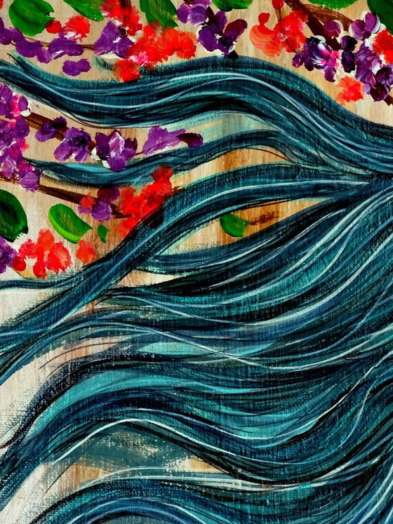 Gemälde Frau mit blauen Haaren und Vögeln, Gemälde & Zeichnungen, Holz, Leinwand, Gelb, Figuratief (Foto 5 von 10)