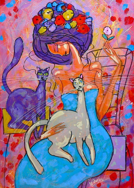 Piotr Lagucik - Fille avec deux chats