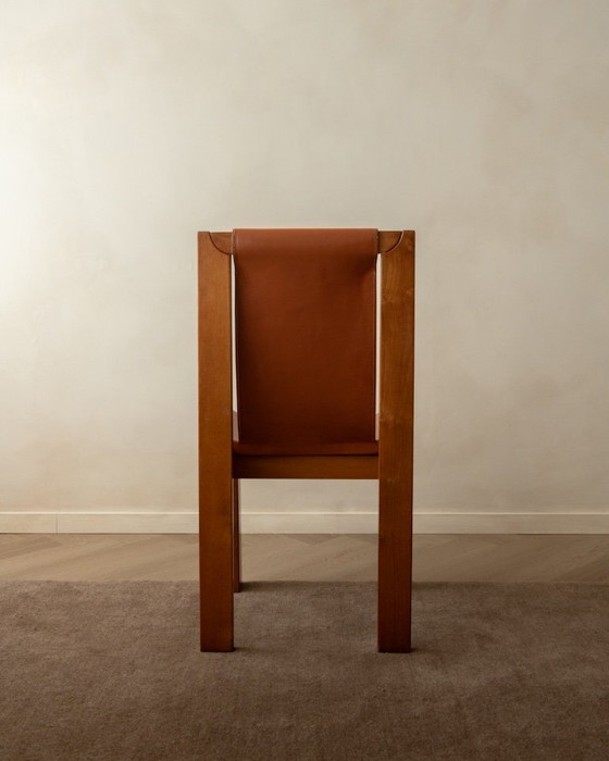 Image 1 of Brutalistische iep en lederen eetkamerstoelen van Giovanni Luigi Gorgoni voor Roche Bobois, jaren 70, set van 7