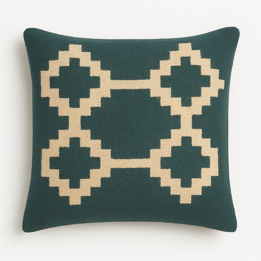 Handmade Egyptian Wool Cushion Cover "Senon" - 40×40 cm - Green & Cream - With Zipper - Excluding Inner Cushion
